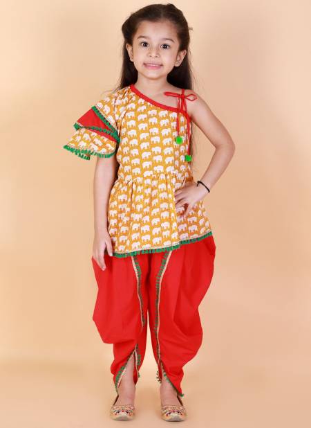 Yellow And Red Colour KID1 Mira Frilly Festive Wear Sleeves Peplum Top with Dhoti Girls Collection K22DG176YERD